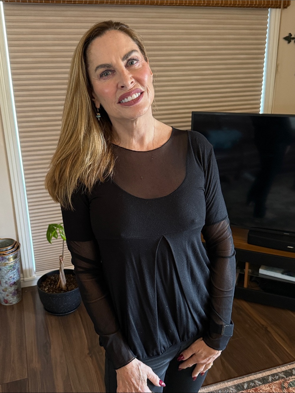 Women's Black Long-Sleeve Sheer-Accent Top